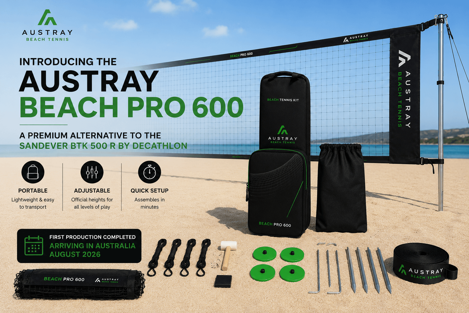 Austray Beach PRO 600 portable beach tennis court kit inspired by the Decathlon Sandever BTK 500 R beach tennis net and posts system